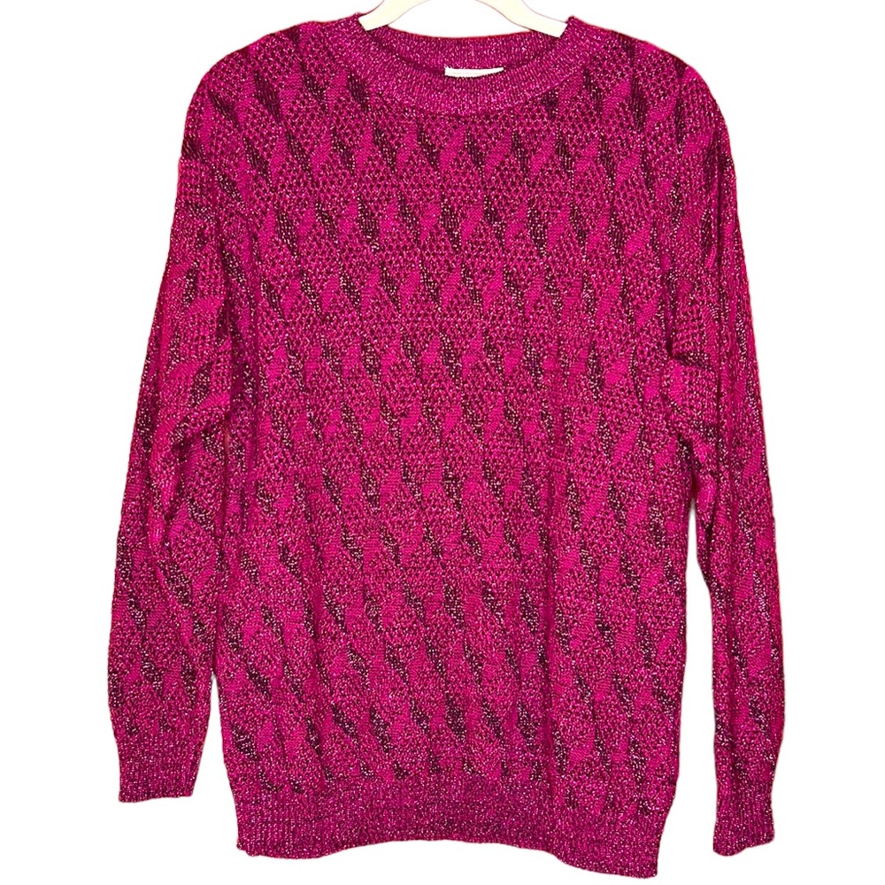 Vintage 80s Ann Hill Magenta & Black Knit Sweater-Sparkle Threaded Detail Size L